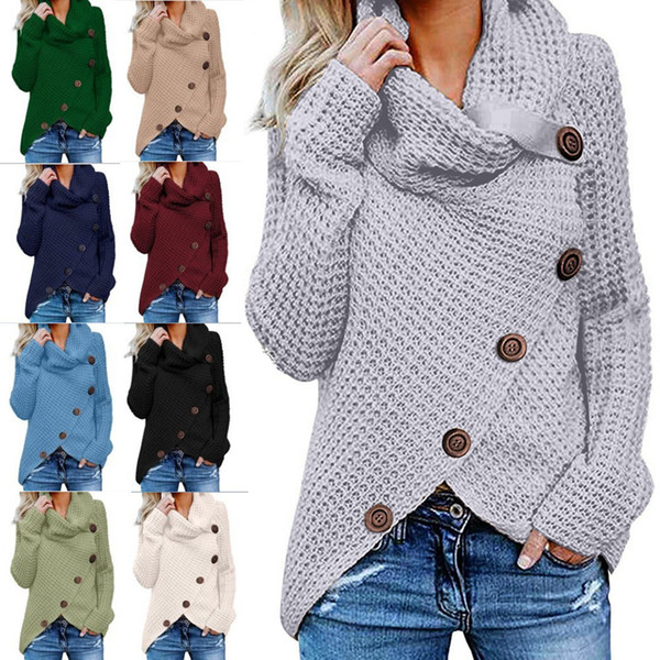 Women Button Knitted Sweater Casual Turtle Cowl Neck Crocheted wool Wrap Pullover Chunky Warm Xmas Outwear Coat LJJA3283-4