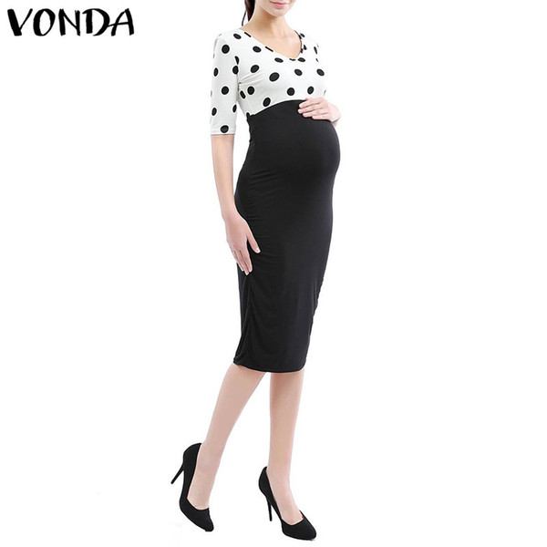 VONDA Maternity Clothes 2018 Summer Women Polka Dot Print Pencil Dress Half Sleeve Patchwork Pregnant Bodycon Vestidos Plus Size