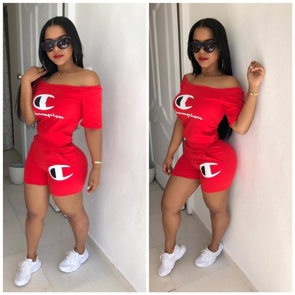 Women Champions Letter Shorts Set Summer Flat Off Shoulder T Shirt Top + Pocket Shorts 2 Piece Suit Outfit Sportswear S-2XL Clothes C41601