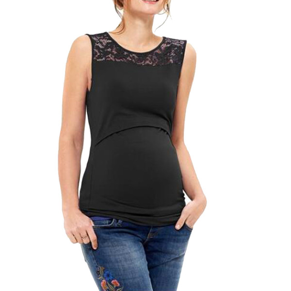 MUQGEW Moms Maternity Clothes Nursing Tops Women's Sleeveless Casual Solid Lace Maternity T-shirt Pregnancy Nurse Summer Tops