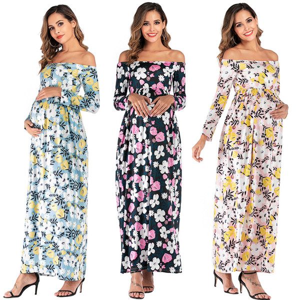 Autumn New Fashion Women's Maternity Pregnanty Off Shoulder Long Sleeve Flowers Print Long Dress Wholesale Free Ship Z4