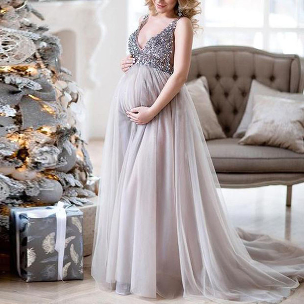 TELOTUNY Maternity dresses Sexy Women Pregnant Sling V Neck Sequin Cocktail Long Maxi Prom Gown Pregnancy Dress Art Photo Dress SH190917