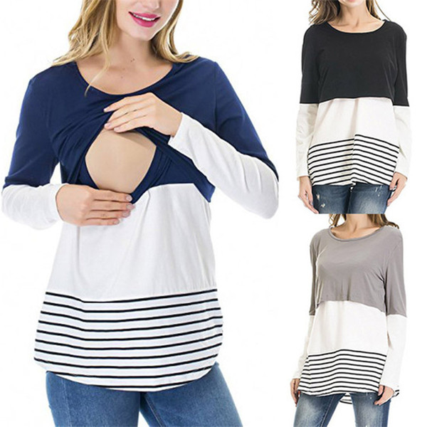 Hot striped Europe and the United States maternity dress long sleeved round neck color matching t-shirt cross feeding breastfeeding clothes