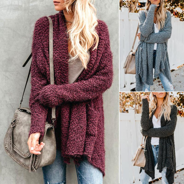 Knit Fuzzy Irregular Hem Soft Autumn Winter Solid Pocket Long Sleeve Crew Neck Loose Fashion Women Cardigan Polyester Open Front