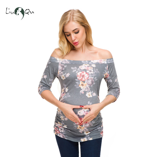 Slash Neck Maternity Blouse 3 Quarter Sleeve Floral Pregnant Top Womens Clothing Flower Premaman Ropa Mujer Embarazada 2018