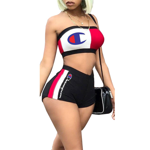 Champion Women Designer Tracksuits Summer Crop Top Tube Strapless Bra + Shorts 2 Piece Set Outfit Brand Beach Street Sportswear S-XXL C6302