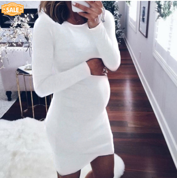 European And American Women's Solid Color Slim Round Neck Long Sleeve Mid-length T-shirt Pregnant Women Skirt Three Colors