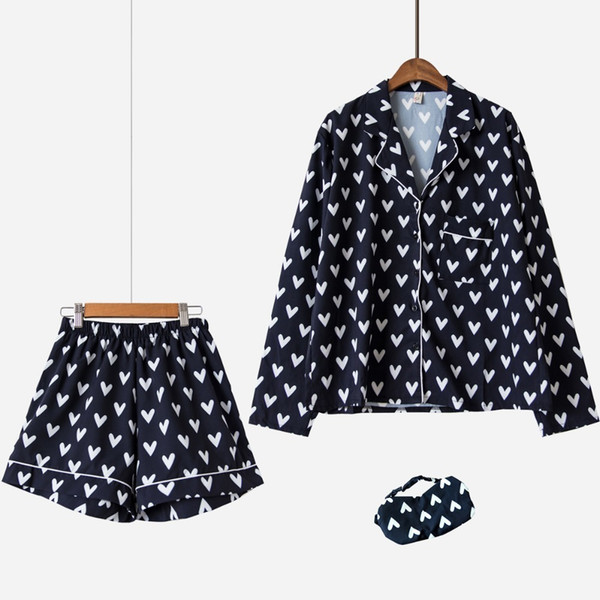 New Pajama Sets Women Loving Heart Print 3 Pieces Set Long Sleeve Top Shorts Elastic Waist + Blinder Loose Sleep Wear S75603 J190521