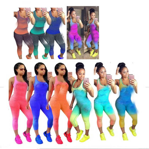 Gradient Color Orange Pink Tracksuit Women 2 Piece Set Outfit Sleeveless Tank Top Vest + Tights Leggings Pants Summer Sportswear B01063