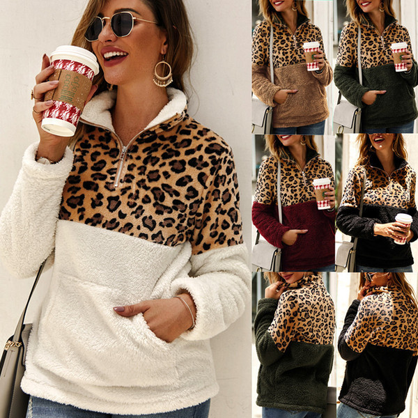 Womens Sherpa Leopard Patchwork Pullover Soft Fleece Sweaters Coat With Pockets Winter Warm Zipper Sweatshirt Plus Size Outwear tops C92708