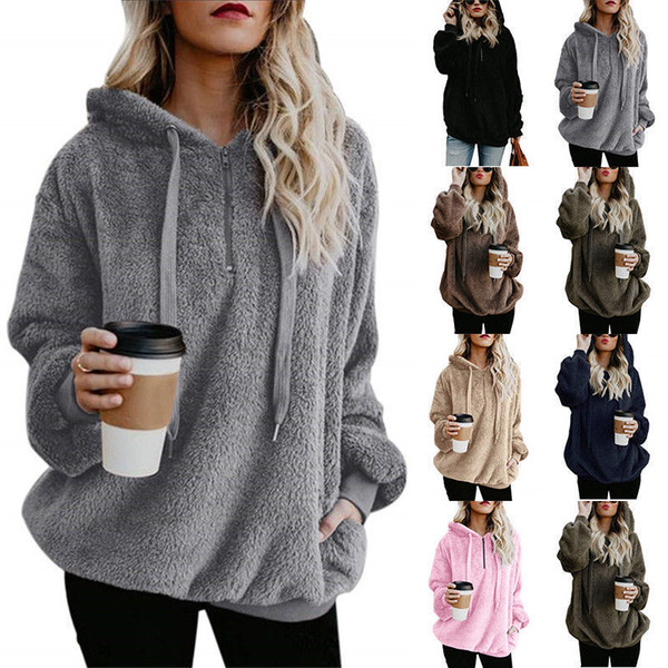 Women Sherpa Hoodies Oversize Loose Fleece Sweater Autumn Winter Warm Overall Sweatshirts Hooded Pullover Tops Outwear MMA2814-A1