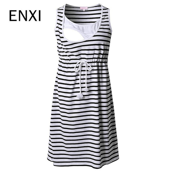 ENXI Women's Sleeveless Nursing Dress Stripe Maternity Dress Breastfeeding Pregnancy Clothes Pregnant Women Dresses Soft