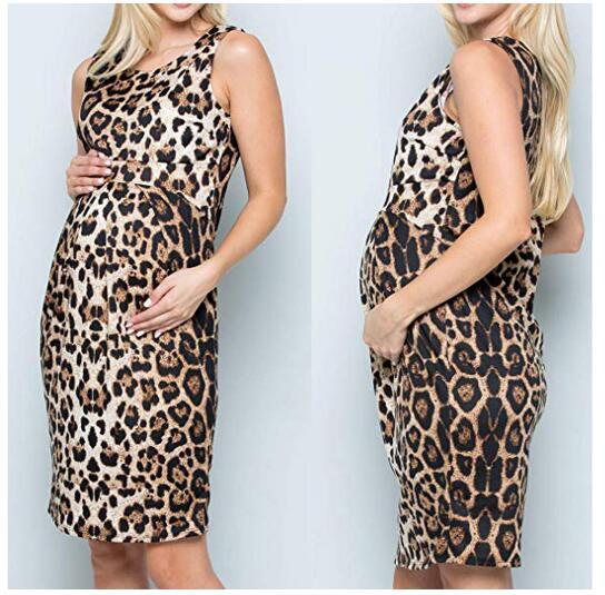 Sleeveless printed maternity dress with round collar Fashion Party Evening Dress Maternal Suckling Dress Leopard-print dresses for ladies