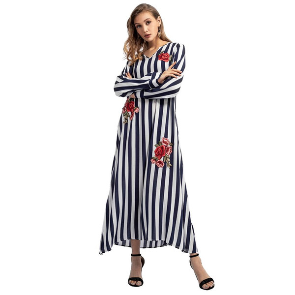 Autumn New Maxi Dress EmbroideRed Cotton Striped Women's Clothing Rose Long Sleeve Large Size Dress