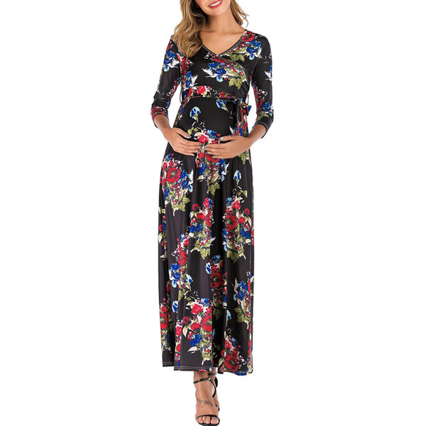 MUQGEW Summer Dress Women Deep V-Neck Casual Floral Print Sash Maternity Dresses Long Pregnancy Dress Maternity Clothes Vestidos