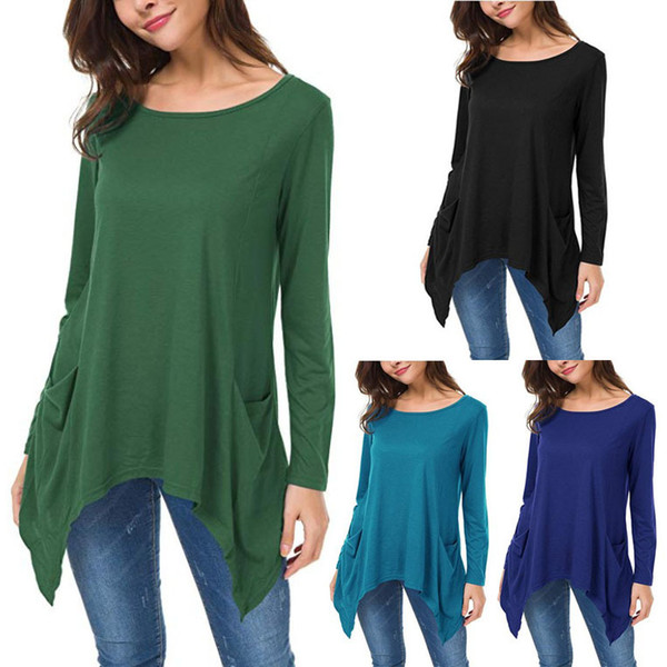 2020 Autumn and Winter New Women's Wear New Round Neck Long Sleeve Irregular Pocket T-shirt