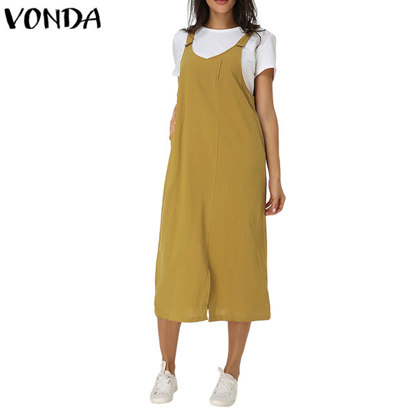 Vonda Women Cotton Mid-calf Dress 2019 Summer Autumn Pregnant Casual V Neck Sleeveless Split Pockets Solid Maternity Vestidos Y19051804