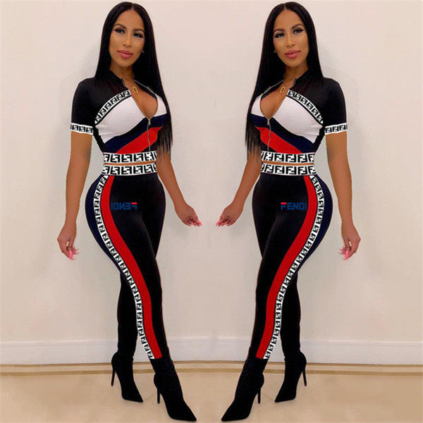 FF Printed Tracksuits Two-piece suit Women Clothes Set Sportswear zipper Crop Top T-shirt + Pants Leggings Suit Summer Outfits A41503