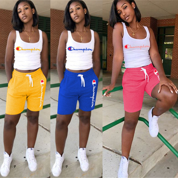 Women Champion Letter Tank Vest Shorts Set Summer Tracksuit Sleeveless Outfits 2 Piece Joggers Set Sportswear Sports Clothing Suits A4801