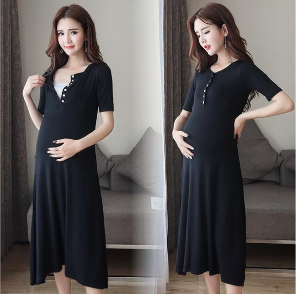 Black Lady Breastfeed Dress Maternity Dresses Pregnant Button Nursing Short-sleeve Dress