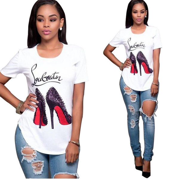 Fashion Women T-shirt Short Sleeve High-heeled Shoes Printed T Shirt Tops Summer O-neck T-shirts Tees Girls Tshirts Casual Street Wear 3XL