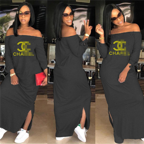 Women Design Split Long Dresses Gold Letters Off Flat Shoulder Slit Maxi Dress Shoulderless Long Skirt Brand Party Dress Clothing C7807