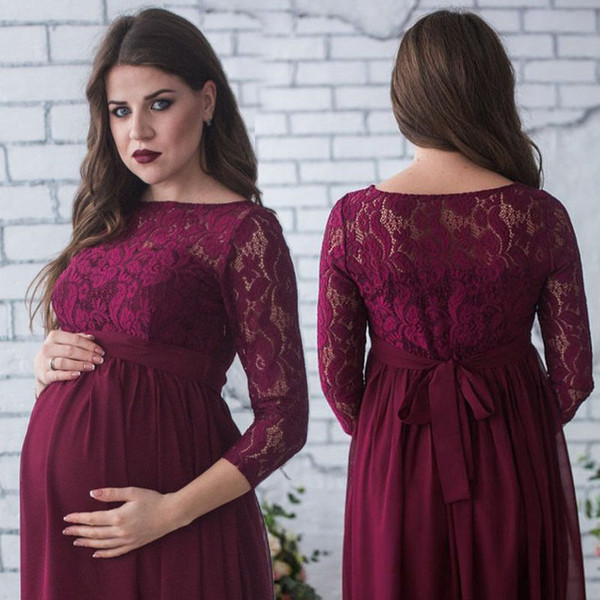 Pregnant Women's Lace Maternity Dress Maxi Gown Photography Photo Clothes Wrist Sleeve Lace Floral Sashes Floor-Length Dress