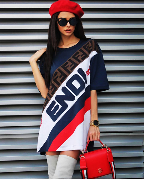 2019 Women Sports Dress Summer Short Sleeve Long T-Shirt Skirt Loose Tee Dresses F Letter Printed Sportswear Street Club Clothing S-XL C436