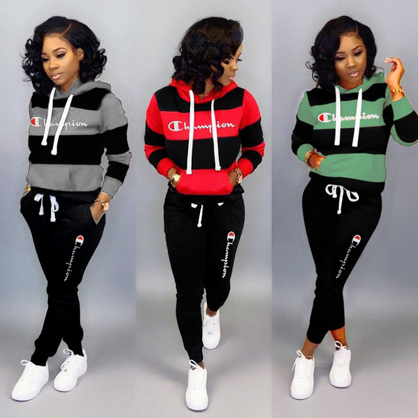 Champions Women tracksuit 2 Piece Set Hoodies+Leggings Tracksuit Bodycon Outfits Striped Sportswear Winter Fall Casual Clothing 6112