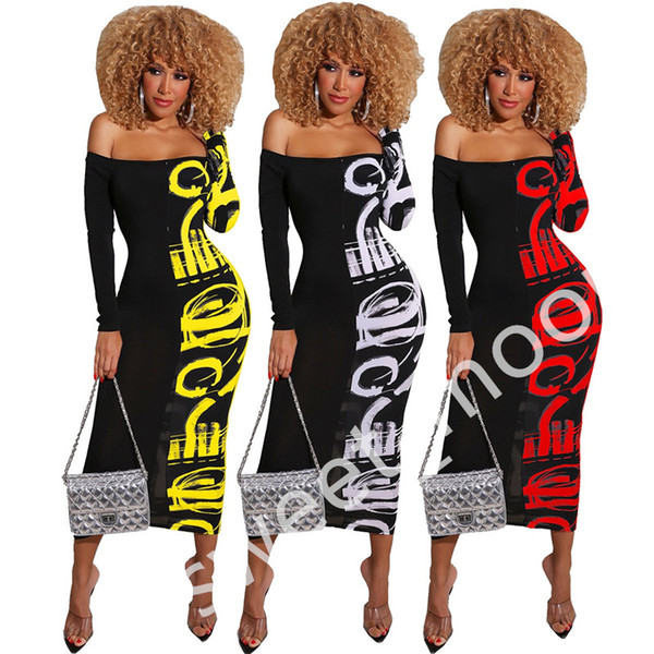 Women Bodycon Dresses Fashion One-shoulder Letter Printed Dresses Ladoes Patchwork Long Sleeve Midi Dresses Sexy Female Clothes S-XXL LY312