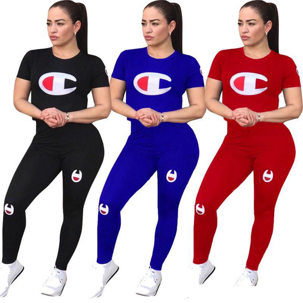 Women Champion Tracksuits Decals T-Shirt Crop Top Tight Leggings Pants 2Pcs Sets Outfits Pure Color Sports Suit Jogger Sportwear B01023