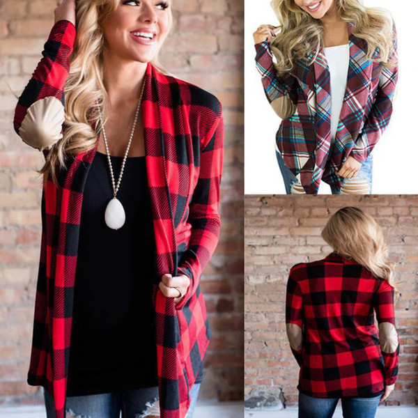 Women Plaid Patchwork Cardigan Casual Plaid Print Autumn Cardigan Elbow Patchwork Long Sleeve Elegant Sweater Coat 2 Colors OOA7158