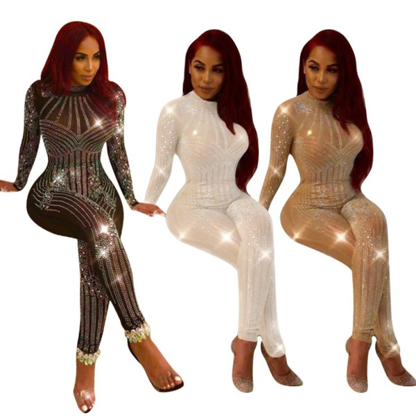 Women Mock Neck Jumpsuit Sequin Rhinestone Diamonds Jumpsuits Long Sleeve Skinny Bodysuits Clubwear Party One Piece Romper White