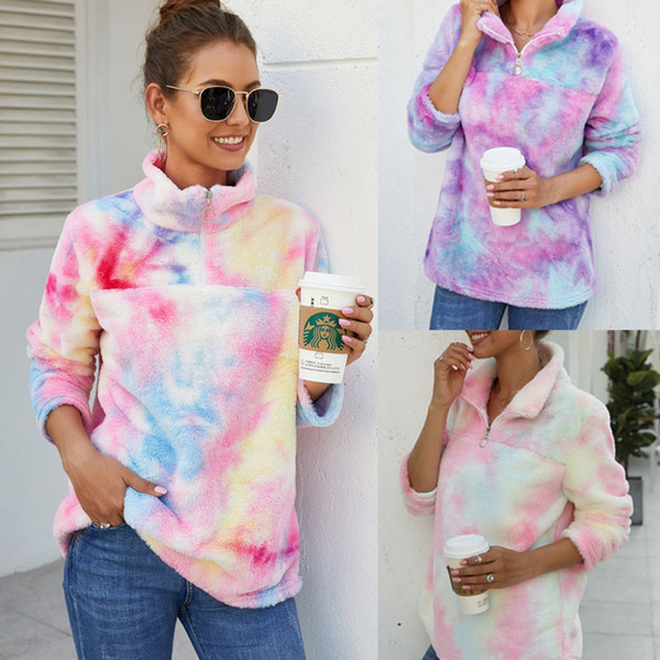 Women gradient Pullover Long Sleeve Zipper Sherpa colorful Sweatshirt Soft Fleece tie-dyed fall spring Outwear Tops Hoodie coat LJJA3152-11