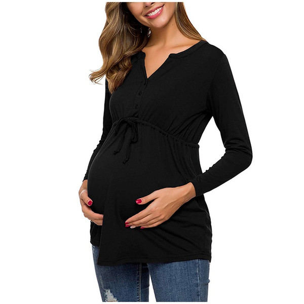 Women Maternity Casual Tops V-neckLong Sleeve Solid Color Cotton Nursing Blouse And Tops For Breastfeeding Pullover Blouse#LR2