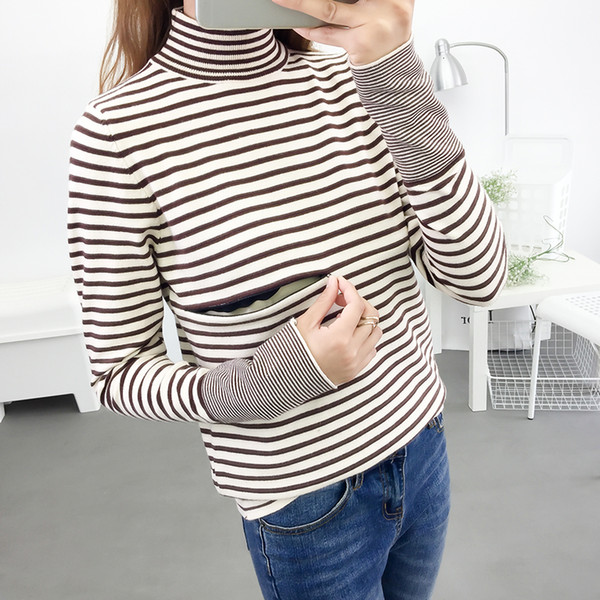 540# High Neck Striped Knitted Maternity Nursing Shirts Autumn Winter Fashion Slim Feeding Tops for Pregnant Women Pregnancy