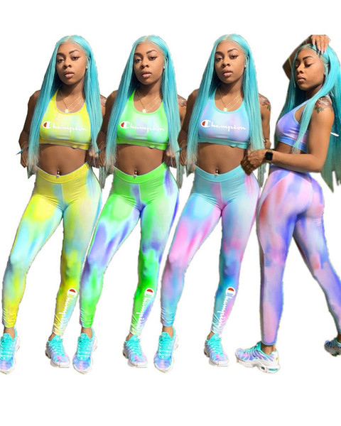 Gradient Women Champions Tracksuit Sports Bra Crop Top + Pants Leggings 2 Piece Set Sleeveless Bras Outfits Letter Printed Sportswear A3121