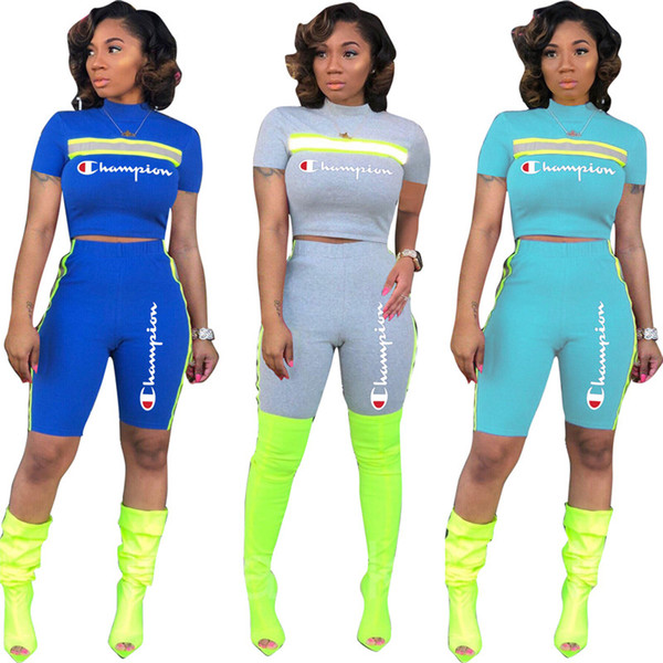 Champions Brand Tracksuit Women Reflective Strip T-Shirt Shorts Pants 2 piece Tights Sportswear Summer Outfit Sports Run Joggers Set B3111