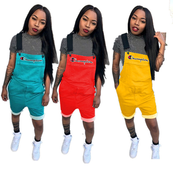 Women Champion Printed Overall Shorts Jumpsuit Short Suspender Pants Straps shorts Overalls Summer Romper Brace Trousers S-2xl A4802