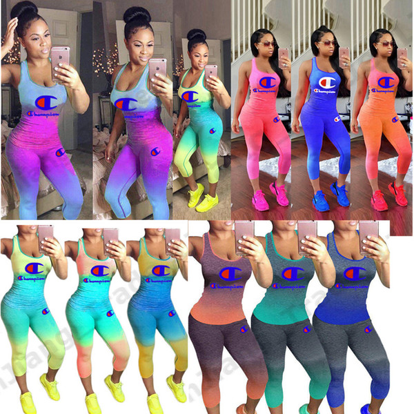 Gradient Color Champions Print Tracksuit Women 2 Piece Set Outfit Summer Sleeveless Tank Top Vest + Tights Leggings Pants Sportswear A41203