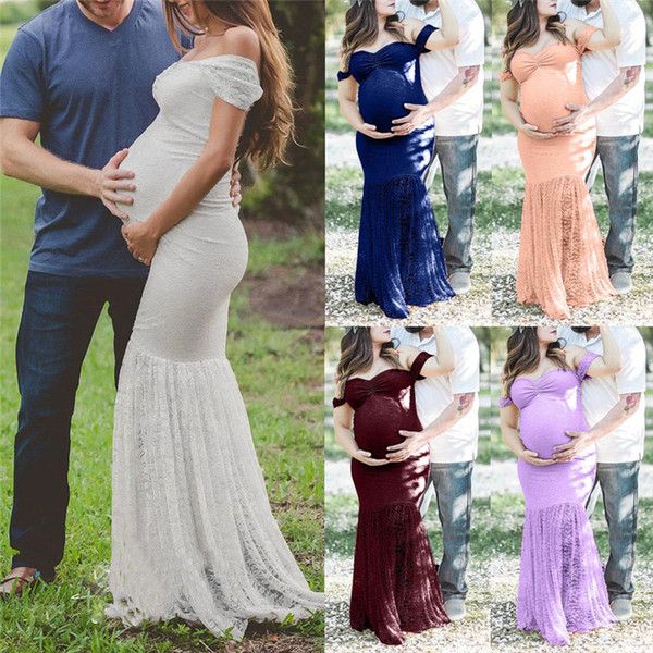 Maternity Women Dress Pregnant Sexy Photography Props Off Shoulders Short Sleeve Long Lace Maxi Maternity Gown Photo Shoot Dress