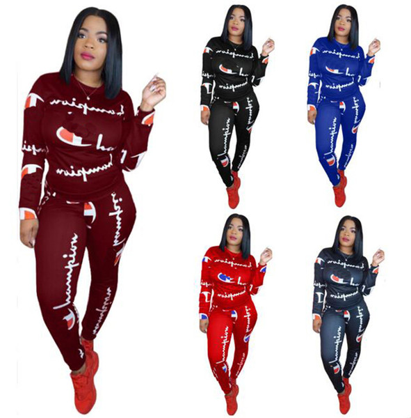 Women Champions Letter Print Tracksuit Long Sleeve T Shirt Top + Pants Leggings 2PCS Set Jogger Outfits Sportswear Causal Clothes Suit S-3XL