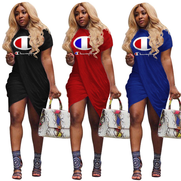 Women Dresses Champions Letter Print 2019 Summer Fashion Solid Short Sleeve Knee-Length Skirt Sport Casual Women Clothes S-XL A413003