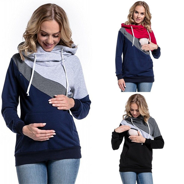 Plus Size Pregnancy Nursing Long Sleeves Maternity Clothes Hooded Breastfeeding Tops Patchwork T-shirt for Pregnant Women MC1444