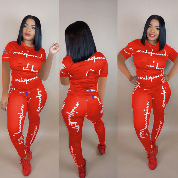 Women Champions Letter Short Sleeve Tracksuit 2019 Summer T shirt + Pants Leggings Designer Outfits 2 Piece Sports suit Joggers Sets B2282