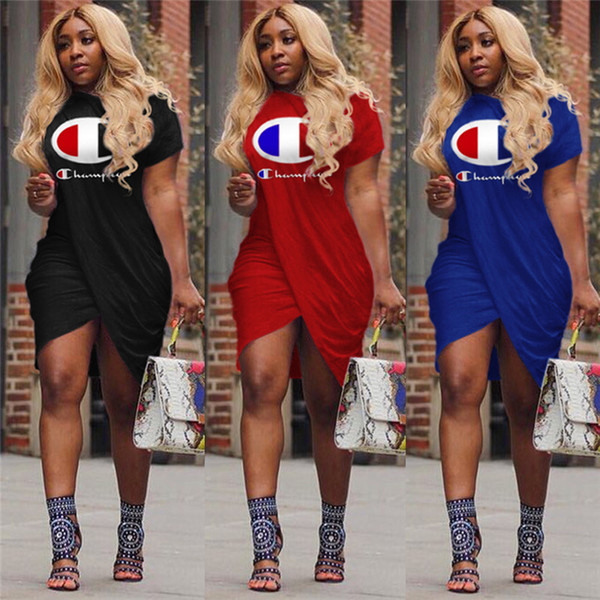 Champion Print Summer Women Dresses Fashion Solid Short Sleeve Knee-Length Skirt Sport Casual Sweatshirts Clothing Hot A413003