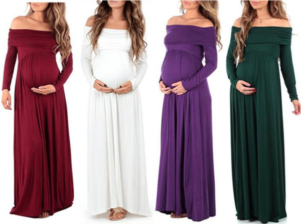 Maternity Photography Props Long Dress Solid Long Sleeve Maternity Dresses Off Shoulders Pregnant Dress Turn Down Collar Dress