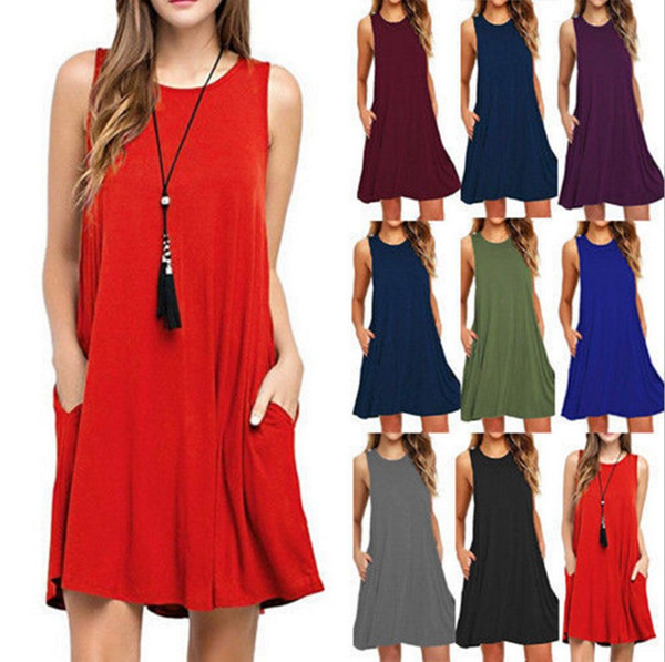 Women fashion dress Summer new solid color round neck sleeveless vest beach dress off shoulder mini dress wholesale