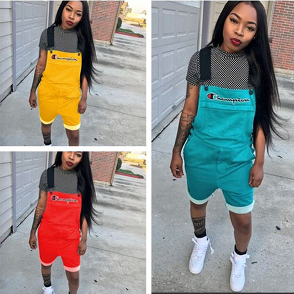 Women Champions Letter Overall Letters Printed Jumpsuit Suspender Pants Straps shorts Overalls Summer Romper Brace Trousers S-2xl A4802