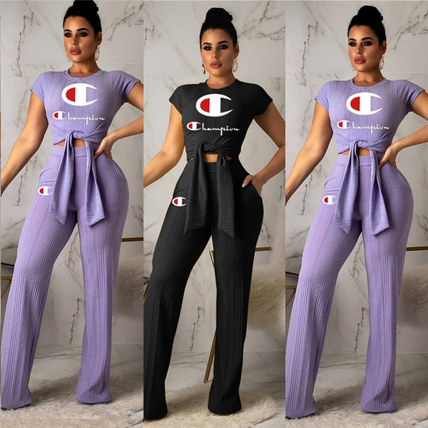 2019 Champions Tracksuit Women Bow Tie T-Shirts Wide Leg Loose Pants 2 pieces Outfits Sports Joggers Clothes Set A3137